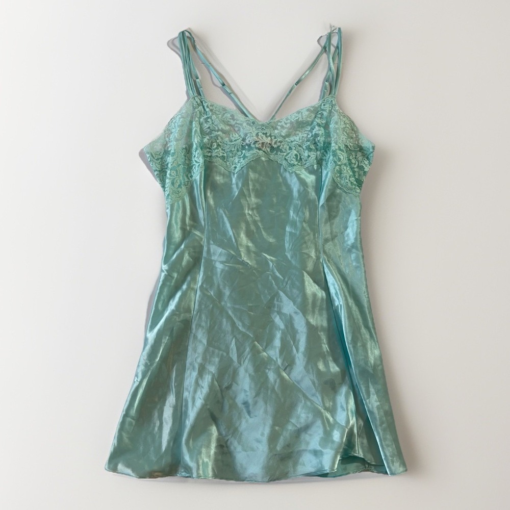 VTG Victoria's Secret Satin Lace Chemise Nightie Slip Dress Sz‎ Large Mint Green